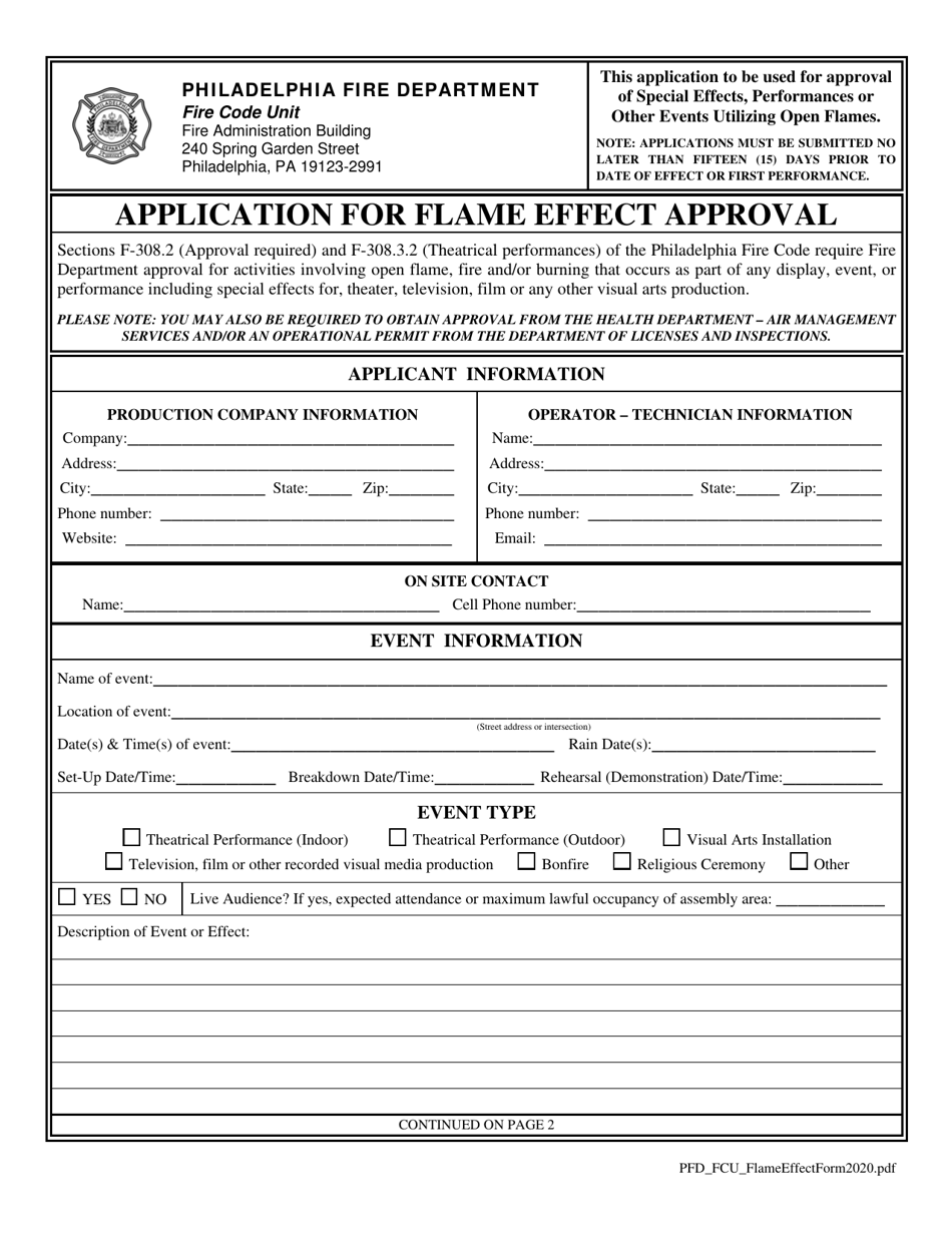 Application for Flame Effect Approval - City of Philadelphia, Pennsylvania, Page 1