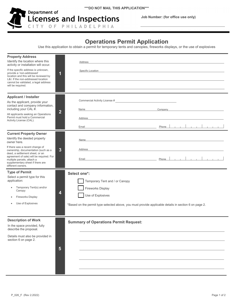 Form P_026_F Operations Permit Application - City of Philadelphia, Pennsylvania, Page 1