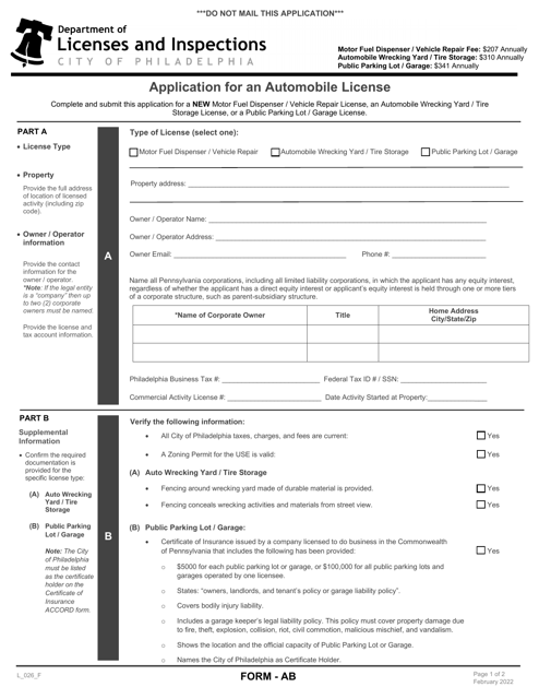 Form AB (L_026-F) Application for an Automobile License - City of Philadelphia, Pennsylvania