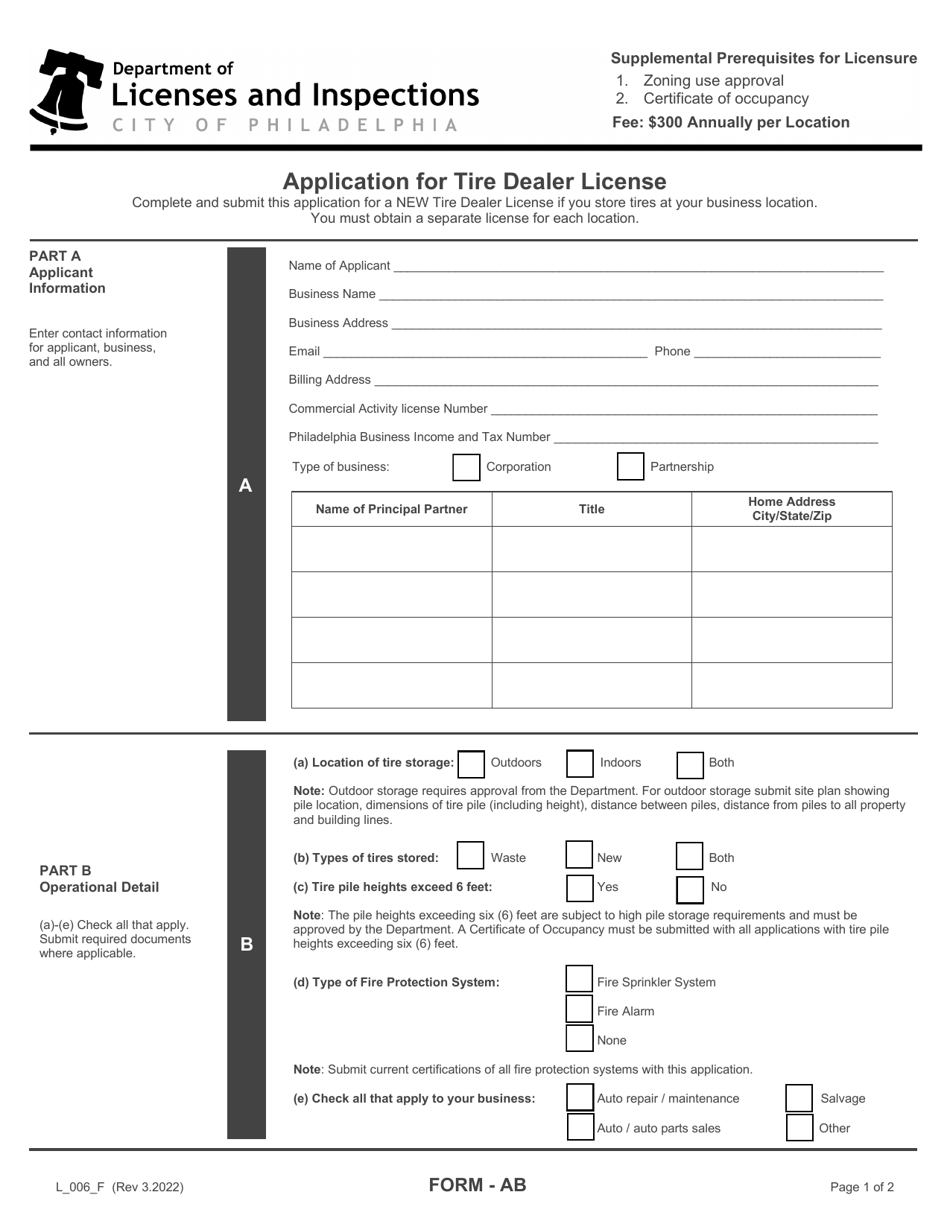 Form L_006_F Application for Tire Dealer License - City of Philadelphia, Pennsylvania, Page 1