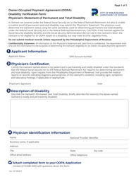 Document preview: Owner Occupied Payment Agreement (Oopa) Disability Verification Form - Physician's Statement of Permanent and Total Disabilty - City of Philadelphia, Pennsylvania