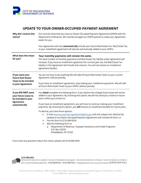 Owner-Occupied Payment Agreement (Oopa) Opt-Out Form - City of Philadelphia, Pennsylvania Download Pdf
