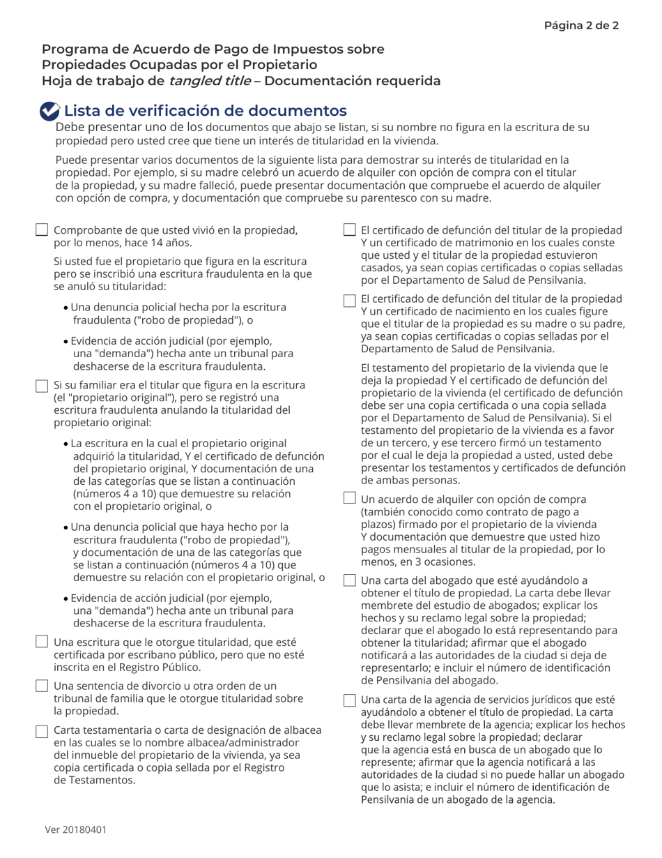 Programa De Acuerdo De Pago De Impuestos Sobre Propiedades Ocupadas Por El Propietario (Oopa) Hoja De Trabajo De Tangled Title - City of Philadelphia, Pennsylvania (Spanish), Page 2