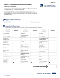 Owner Occupied Payment Agreement (Oopa) Expenses Worksheet - City of Philadelphia, Pennsylvania