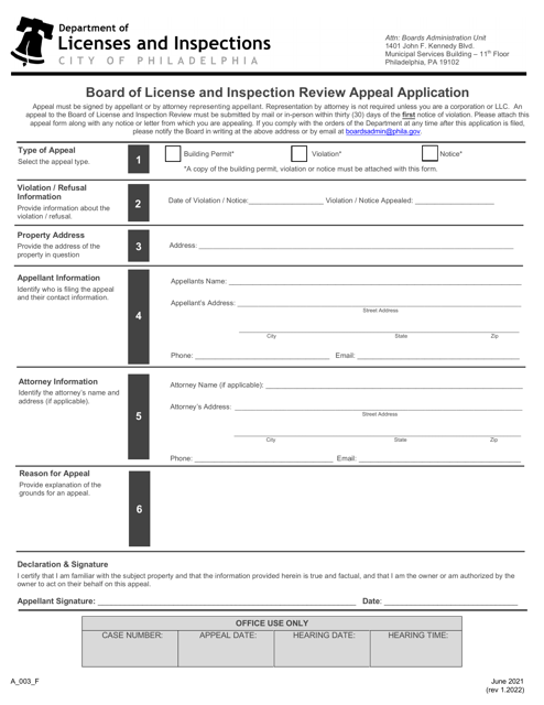 Form A_003_F Board of License and Inspection Review Appeal Application - City of Philadelphia, Pennsylvania