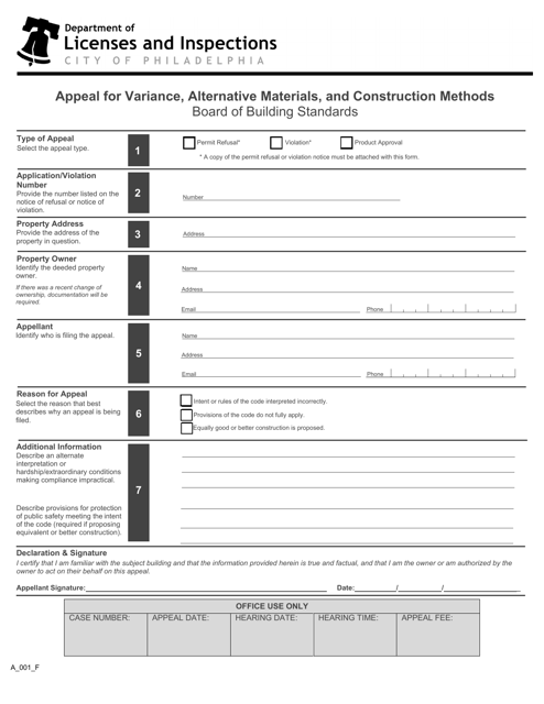 Form A_001_F Appeal for Variance, Alternative Materials, and Construction Methods - Board of Building Standards - City of Philadelphia, Pennsylvania