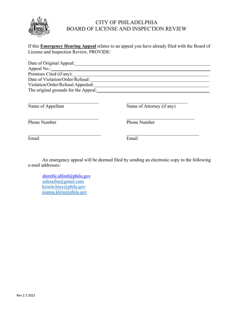 Board of License and Inspection Review Emergency Hearing Appeal - City of Philadelphia, Pennsylvania, Page 2
