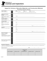 Document preview: Form A_002_F Appeal for Variance, Alternative Materials, and Construction Methods - Plumbing Advisory Board - City of Philadelphia, Pennsylvania