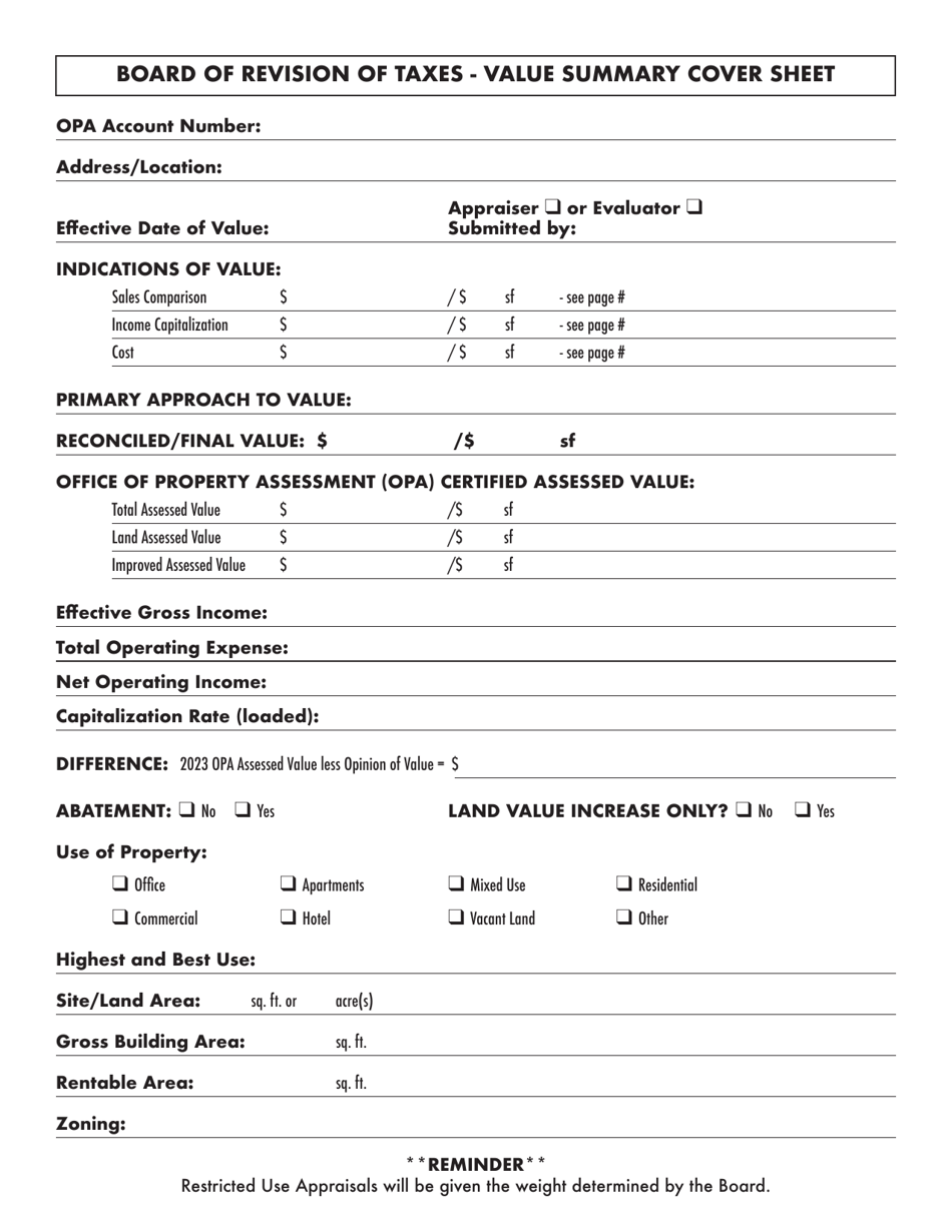 Value Summary Cover Sheet - City of Philadelphia, Pennsylvania, Page 1