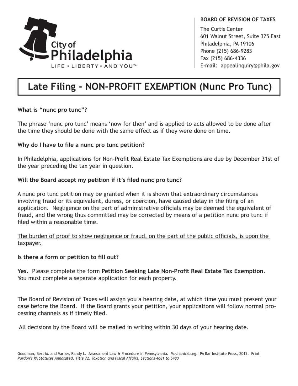 Petition Seeking a Late Non-profit Real Estate Tax Exemption (Nunc Pro Tunc) - City of Philadelphia, Pennsylvania, Page 1