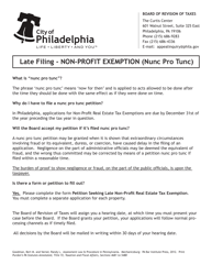Document preview: Petition Seeking a Late Non-profit Real Estate Tax Exemption (Nunc Pro Tunc) - City of Philadelphia, Pennsylvania