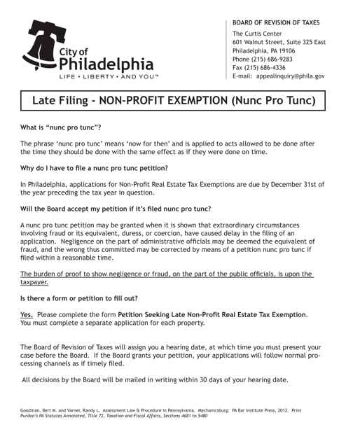 Petition Seeking a Late Non-profit Real Estate Tax Exemption (Nunc Pro Tunc) - City of Philadelphia, Pennsylvania