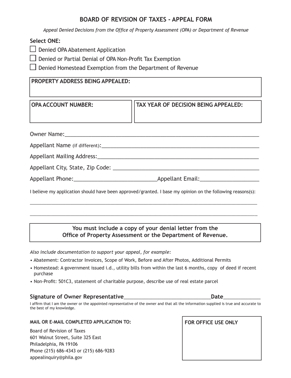 Denied Abatement or Exemption Appeal Form - City of Philadelphia, Pennsylvania, Page 1