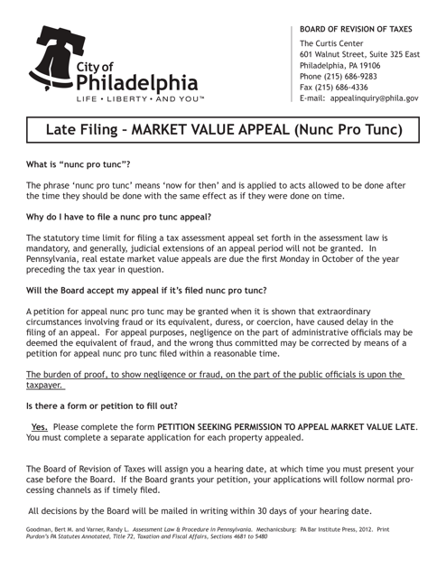Petition Seeking Permission to Appeal Market Value Late (Nunc Pro Tunc) - City of Philadelphia, Pennsylvania Download Pdf