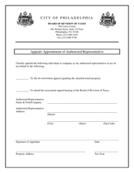Document preview: Appeals Appointment of Authorized Representative - City of Philadelphia, Pennsylvania