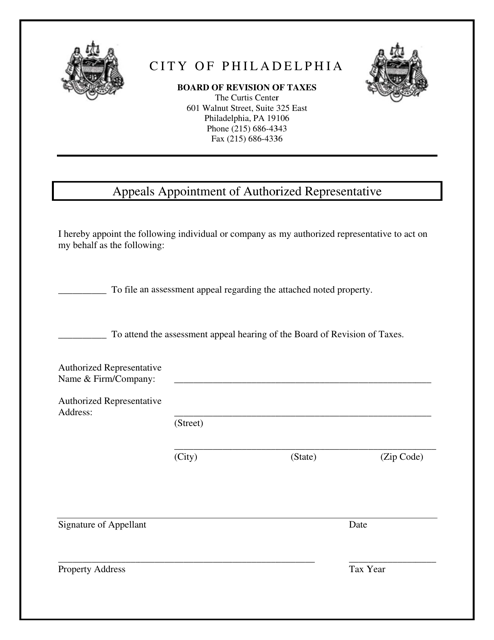 Appeals Appointment of Authorized Representative - City of Philadelphia, Pennsylvania Download Pdf