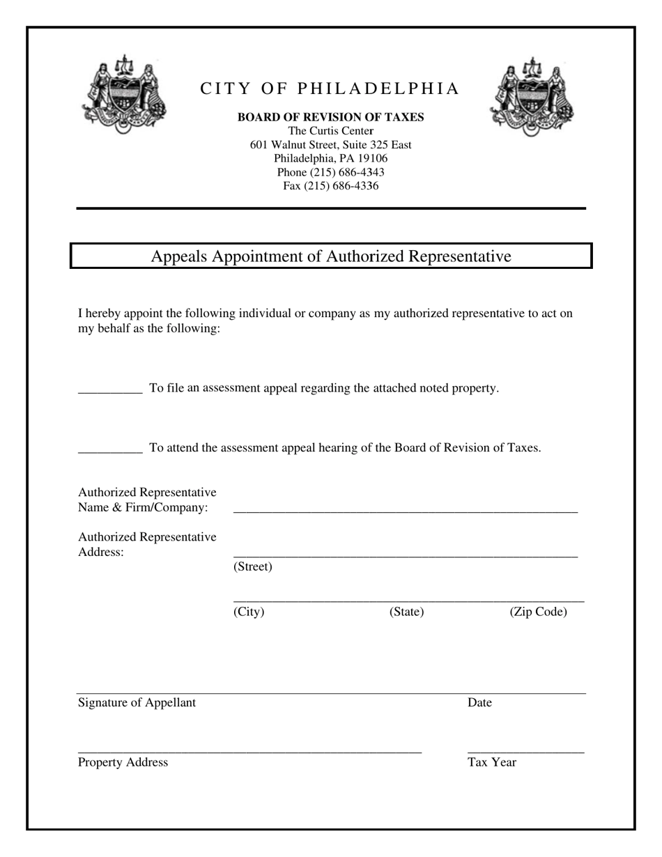 Appeals Appointment of Authorized Representative - City of Philadelphia, Pennsylvania, Page 1