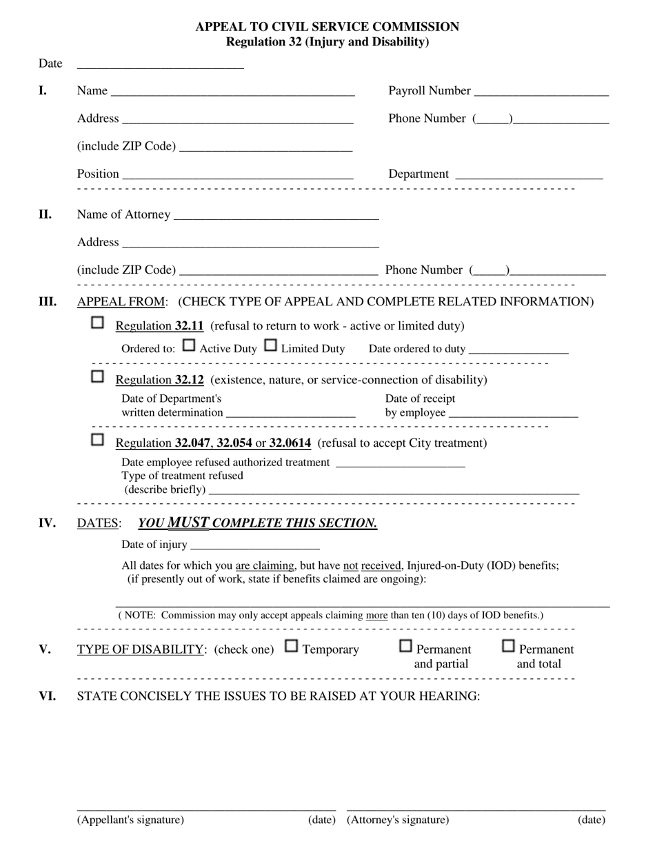 Appeal to Civil Service Commission - Regulation 32 (Injury and Disability) - City of Philadelphia, Pennsylvania, Page 1