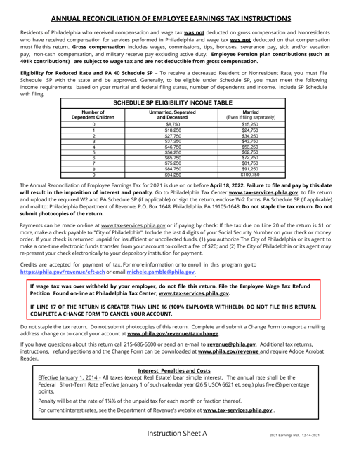 Instructions for Annual Reconciliation of Employee Earnings Tax - City of Philadelphia, Pennsylvania Download Pdf