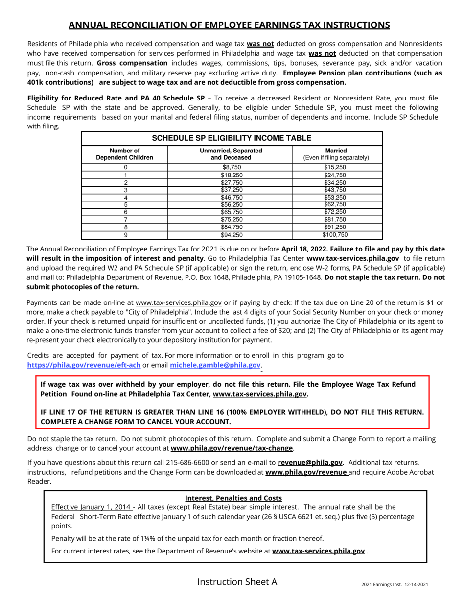 Instructions for Annual Reconciliation of Employee Earnings Tax - City of Philadelphia, Pennsylvania, Page 1