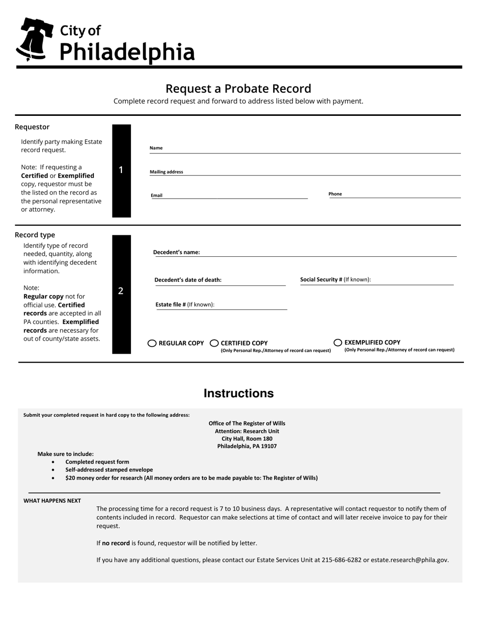 City Of Philadelphia, Pennsylvania Request A Probate Record - Fill Out ...