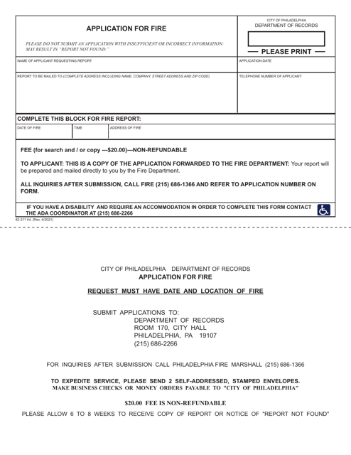 Form 82-311 Application for Fire Report - City of Philadelphia, Pennsylvania