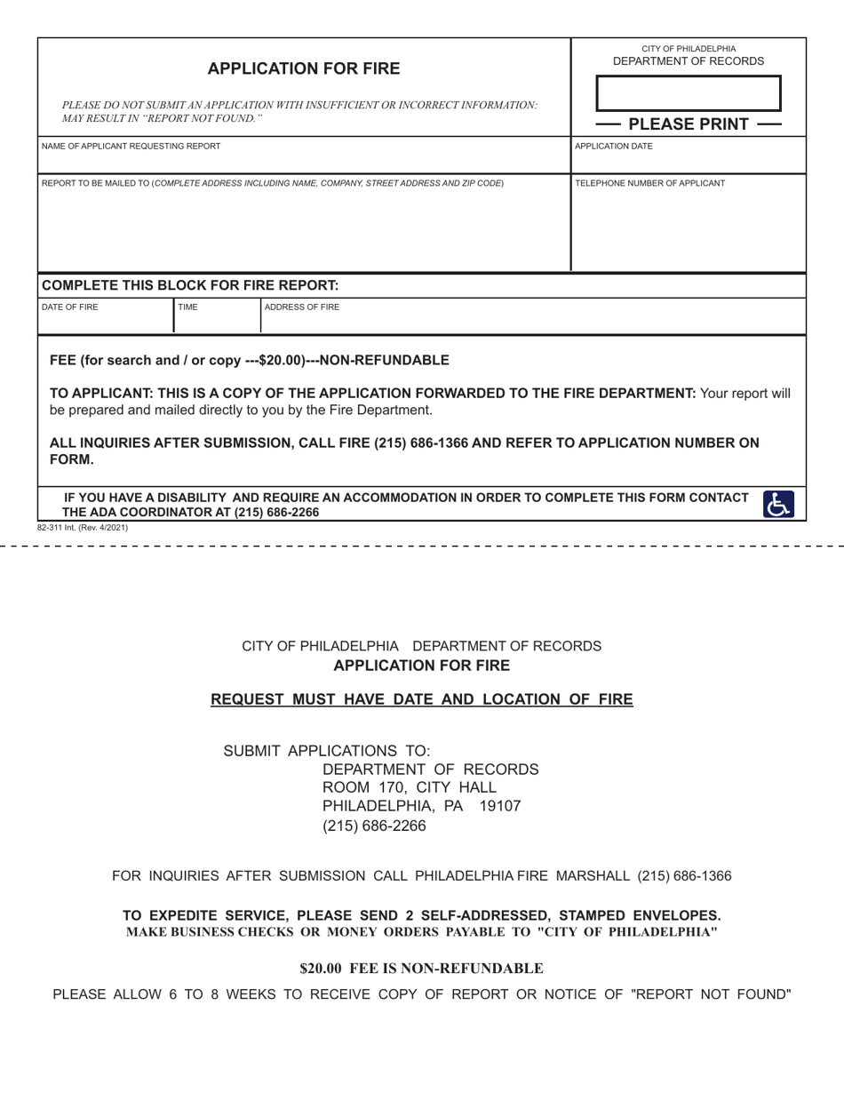 Form 82-311 Application for Fire Report - City of Philadelphia, Pennsylvania, Page 1