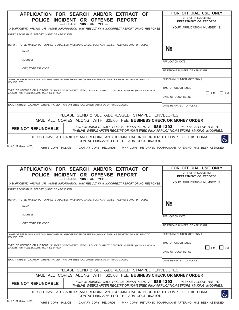 Form 82-47 Application for Search and / or Extract of Police Incident or Offense Report - City of Philadelphia, Pennsylvania, Page 1