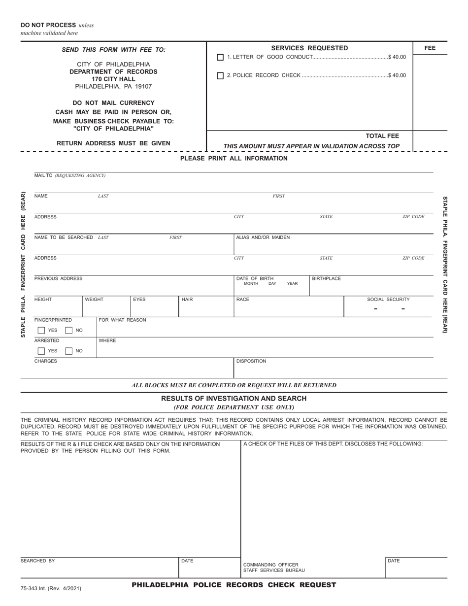 Form 75-343 Philadelphia Police Records Check Request - City of Philadelphia, Pennsylvania, Page 1