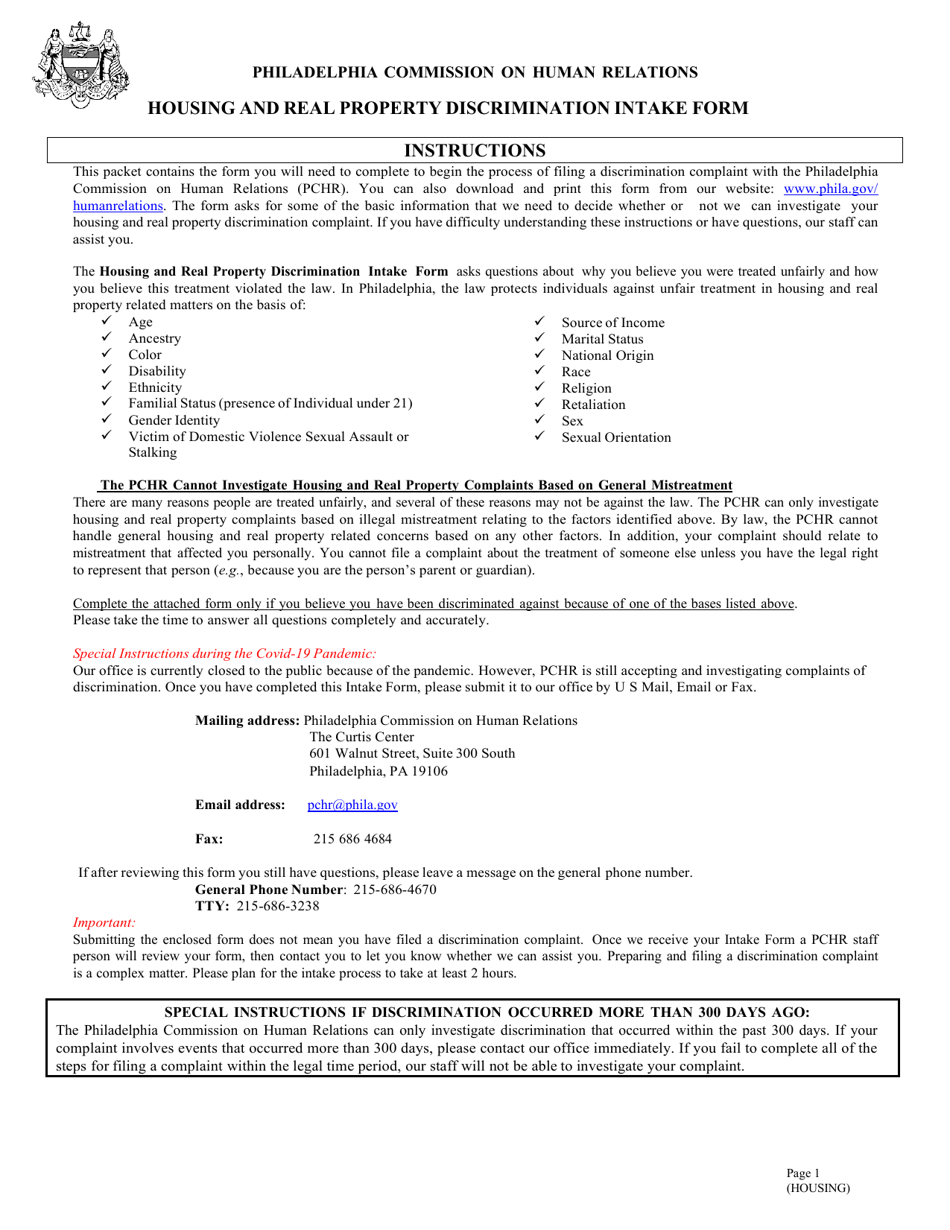 Housing and Real Property Discrimination Intake Form - City of Philadelphia, Pennsylvania, Page 1