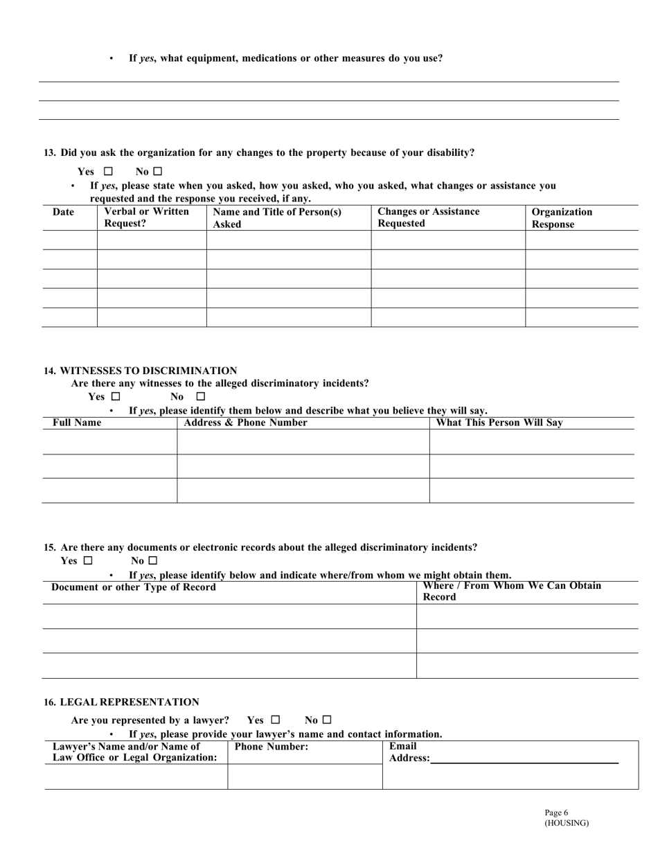 Housing and Real Property Discrimination Intake Form - City of Philadelphia, Pennsylvania, Page 6