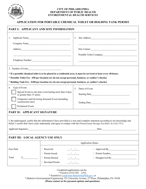 Application for Portable Chemical Toilet or Holding Tank Permit - City of Philadelphia, Pennsylvania