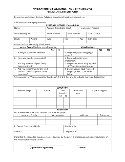 Application for Clearance - Non-city Employee - City of Philadelphia, Pennsylvania Download Pdf