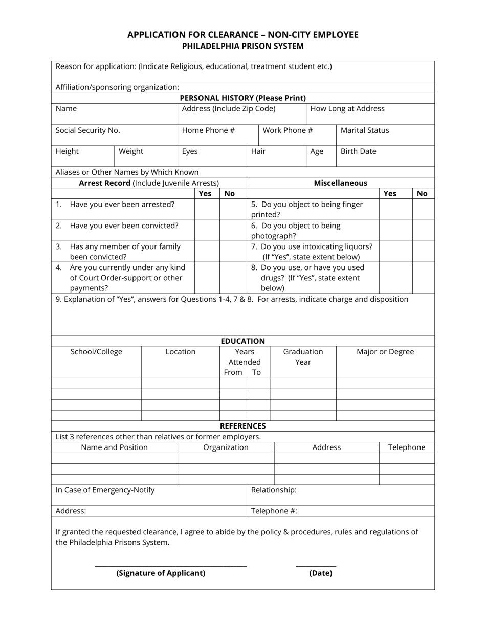 Application for Clearance - Non-city Employee - City of Philadelphia, Pennsylvania, Page 1