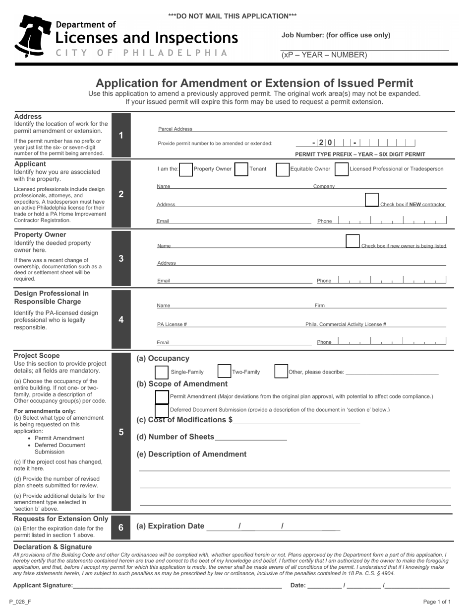 Form P_028_F Application for Amendment or Extension of Issued Permit - City of Philadelphia, Pennsylvania, Page 1