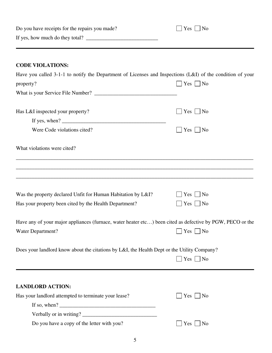 Intake Questionnaire for the Philadelphia Fair Housing Commission - City of Philadelphia, Pennsylvania, Page 5