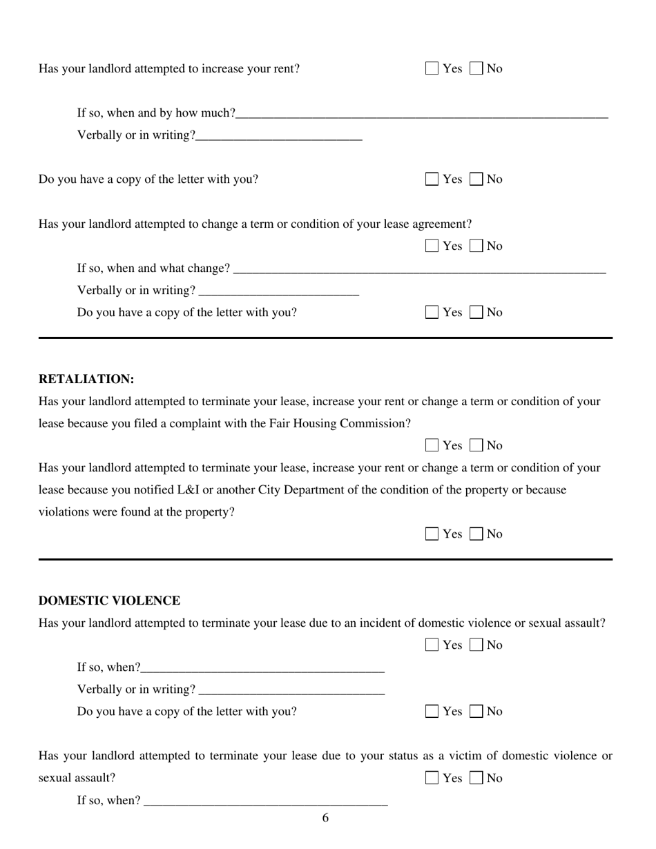 Intake Questionnaire for the Philadelphia Fair Housing Commission - City of Philadelphia, Pennsylvania, Page 6