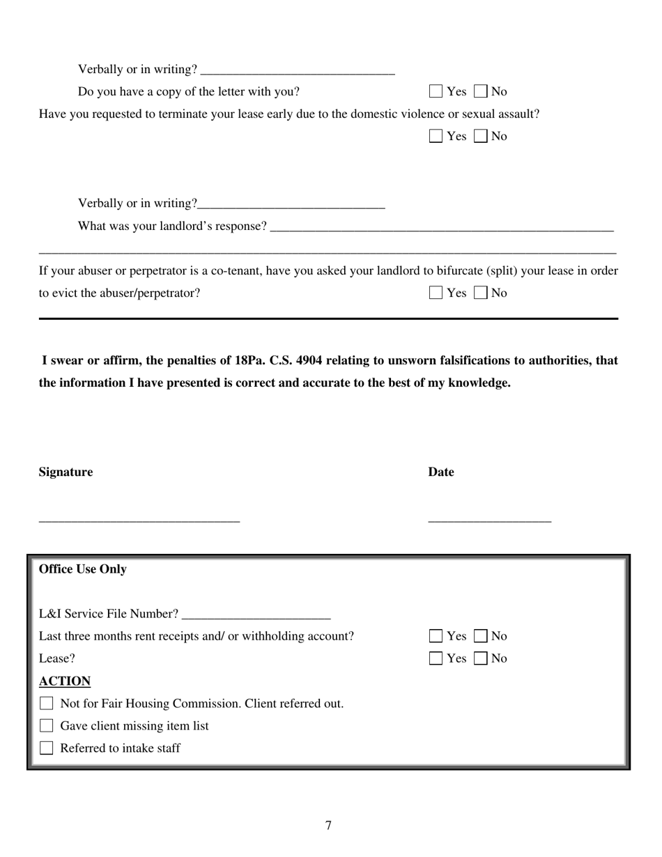 Intake Questionnaire for the Philadelphia Fair Housing Commission - City of Philadelphia, Pennsylvania, Page 7