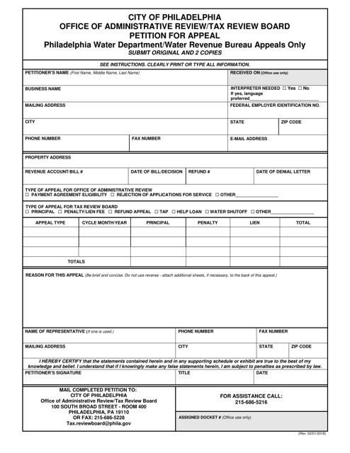 Petition for Appeal of a Water Bill or Penalty - City of Philadelphia, Pennsylvania Download Pdf