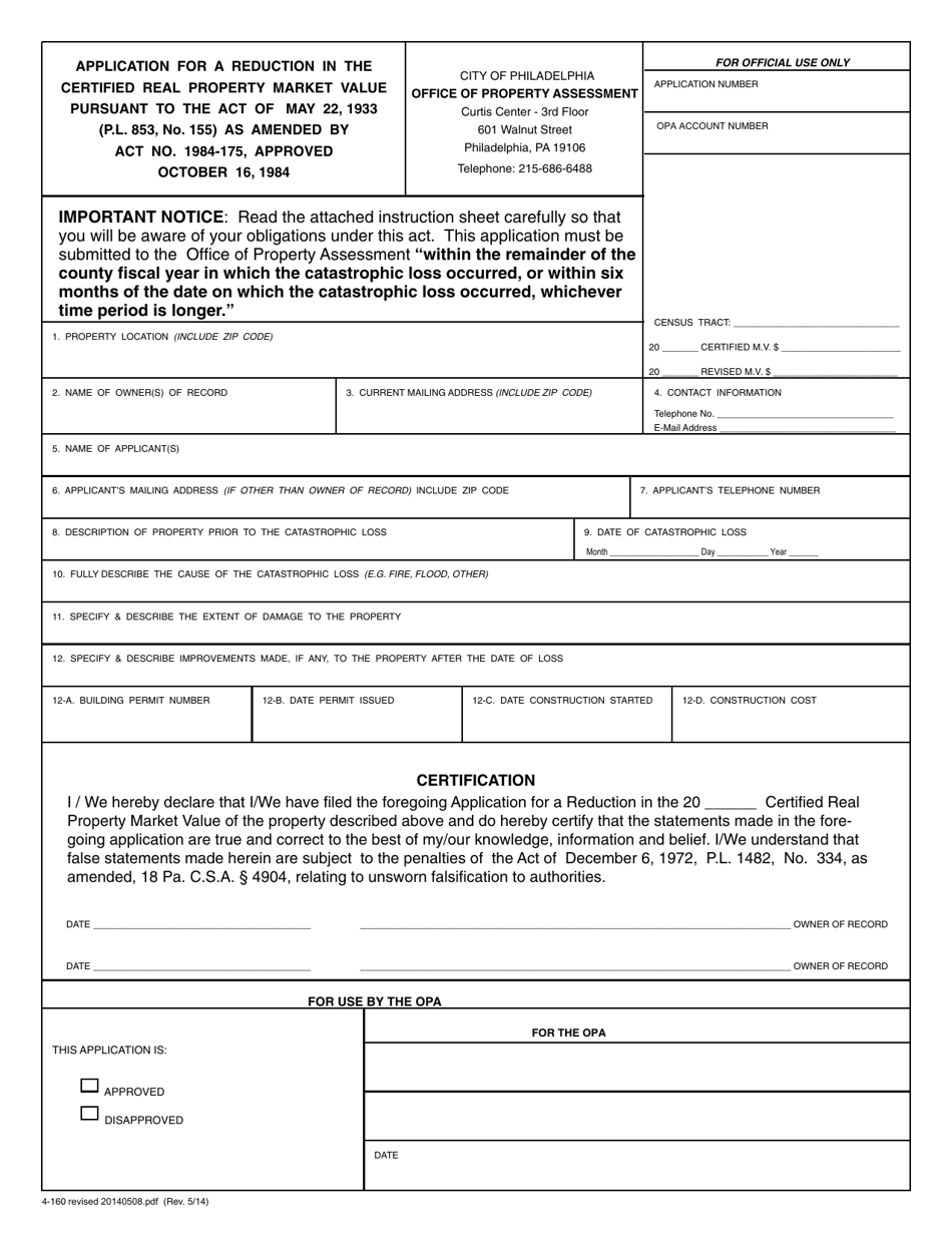 Form 4-160 Application for a Catastrophic Loss Real Estate Tax Adjustment - City of Philadelphia, Pennsylvania, Page 1