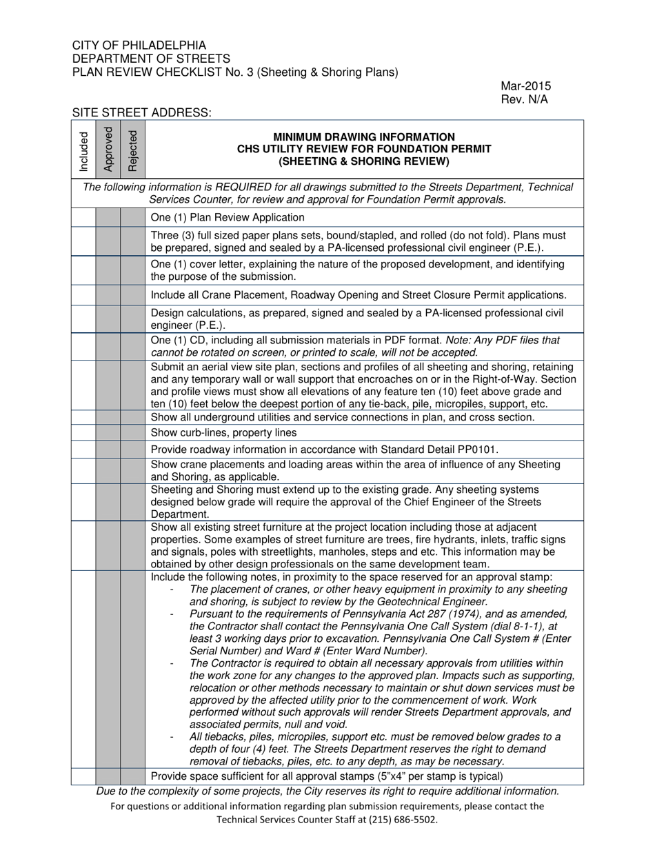 Plan Review Checklist No. 3 (Sheeting  Shoring Plans) - City of Philadelphia, Pennsylvania, Page 1