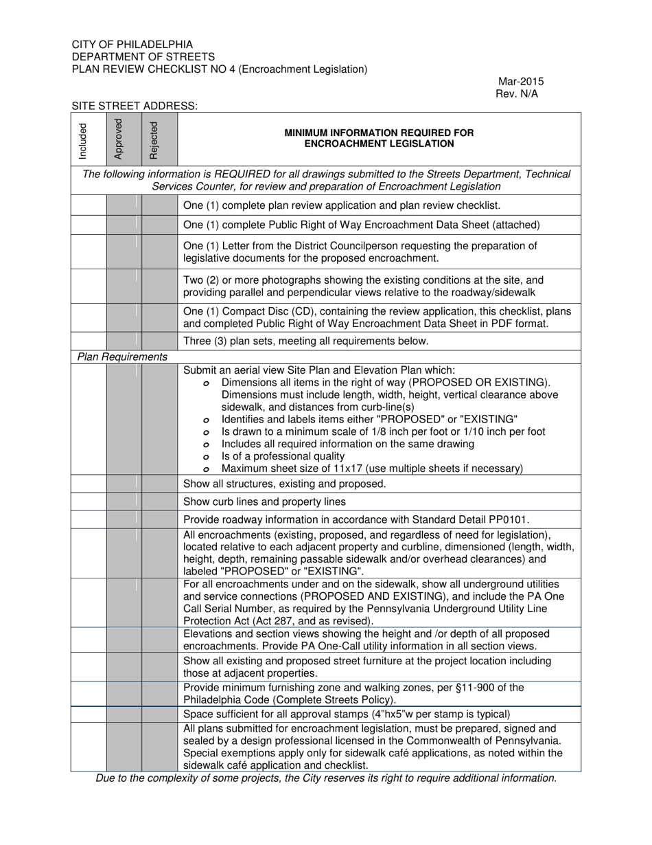 Plan Review Checklist No. 4 (Encroachment Legislation) - City of Philadelphia, Pennsylvania, Page 1