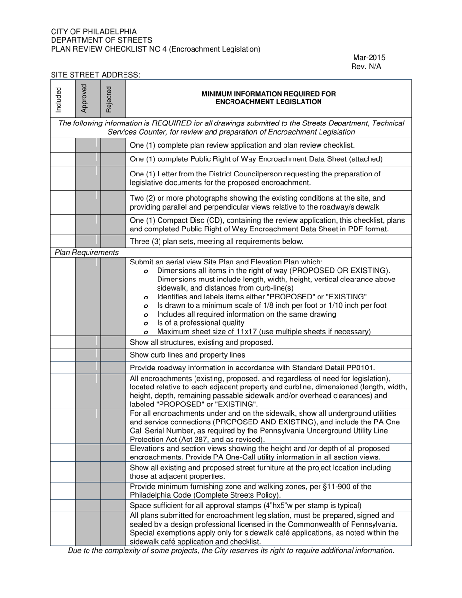 City of Philadelphia, Pennsylvania Plan Review Checklist No. 4 ...