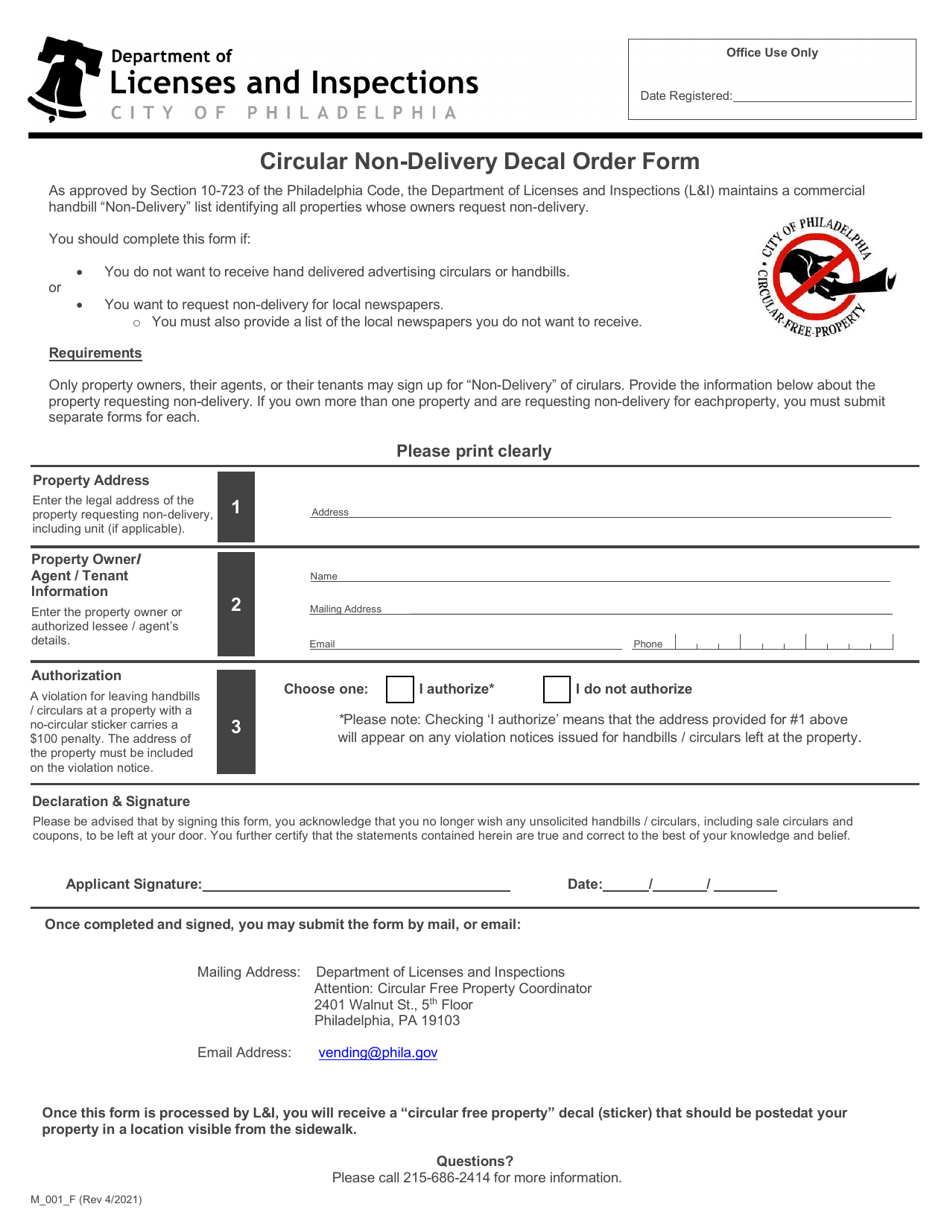 Form M_001_F Circular Non-delivery Decal Order Form - City of Philadelphia, Pennsylvania, Page 1