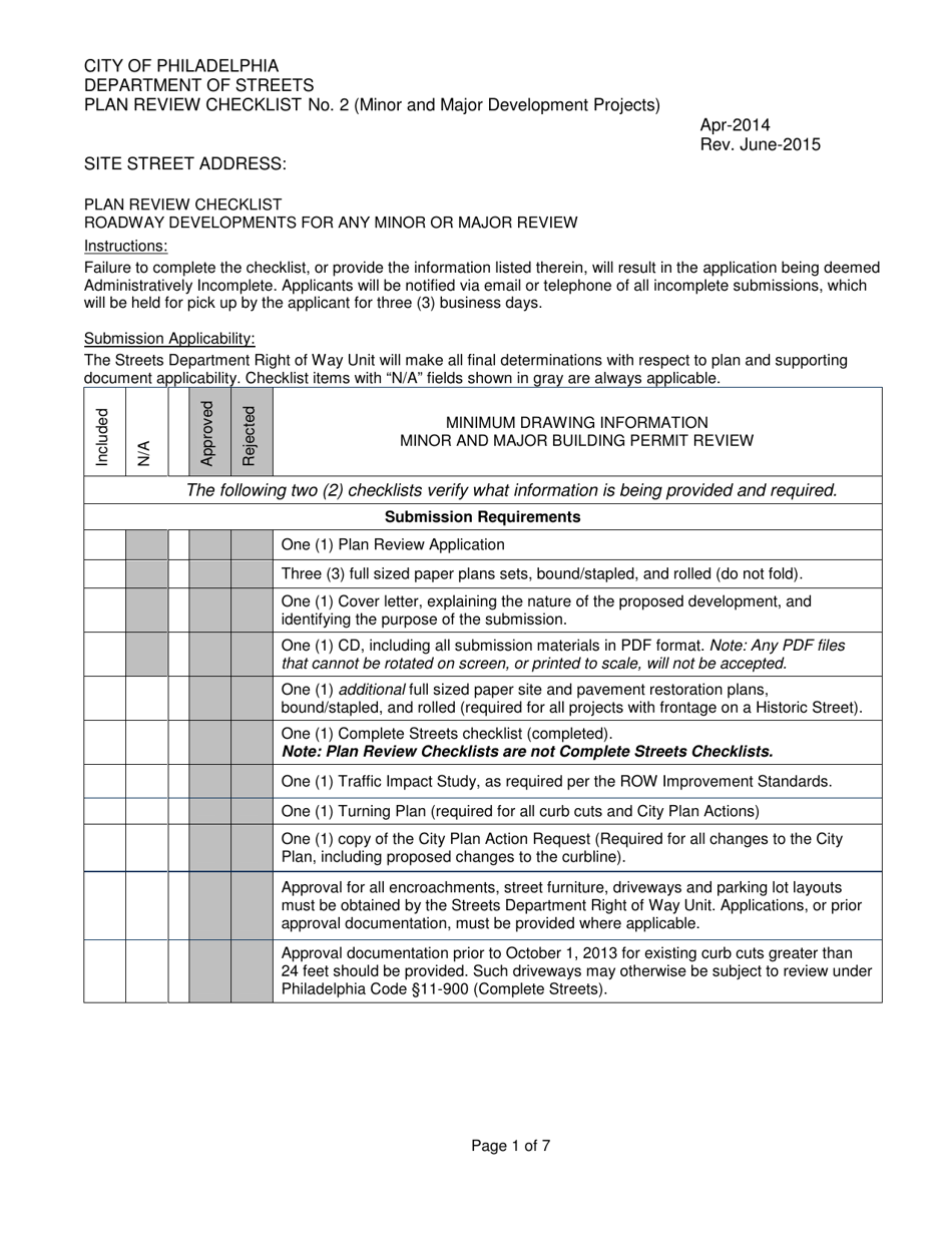 Plan Review Checklist No. 2 (Minor and Major Development Projects) - City of Philadelphia, Pennsylvania, Page 1