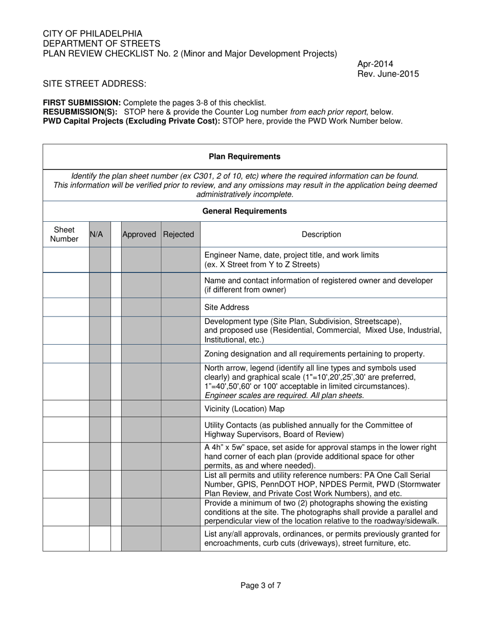 Plan Review Checklist No. 2 (Minor and Major Development Projects) - City of Philadelphia, Pennsylvania, Page 3