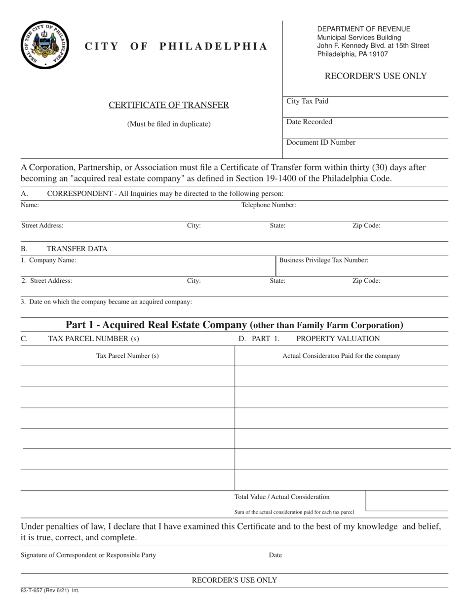 Form 83-T-657 Real Estate Transfer Tax Certificate (Entities) - City of Philadelphia, Pennsylvania, Page 1