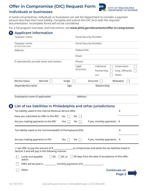 Offer in Compromise (OIC) Request Form - City of Philadelphia, Pennsylvania Download Pdf