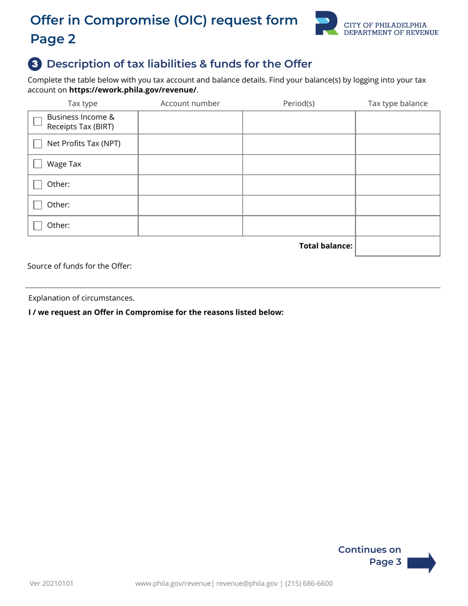 Offer in Compromise (OIC) Request Form - City of Philadelphia, Pennsylvania, Page 2