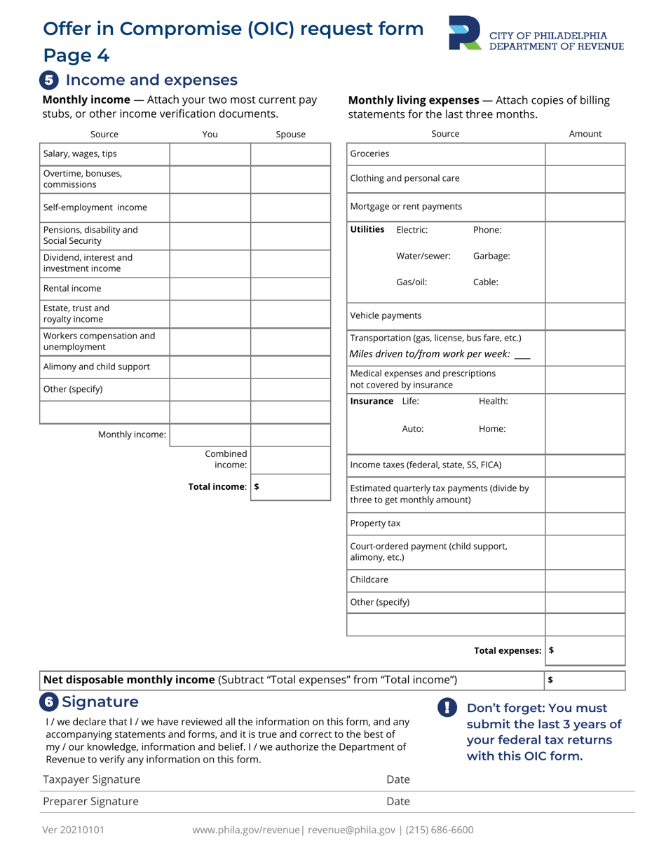 Offer in Compromise (OIC) Request Form - City of Philadelphia, Pennsylvania, Page 4
